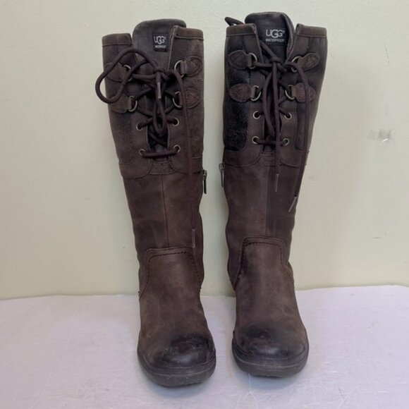 UGG ELSA Waterproof Tall Leather Suede Boots Zipper Laces Brown Winter Neutral 6 - Picture 3 of 16